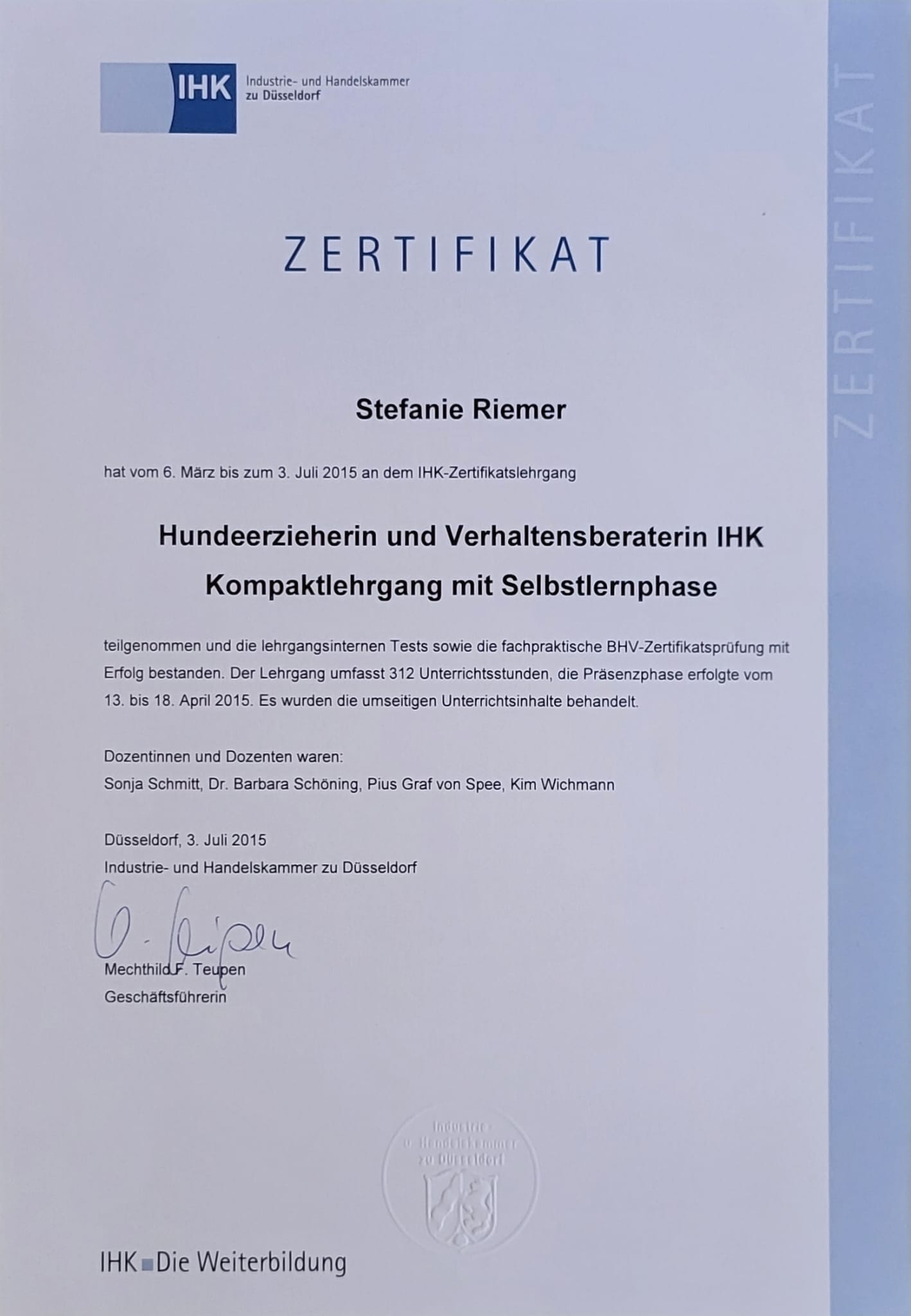 Hundeerzieherin und Verhaltensberaterin IHK (03.07.2015)