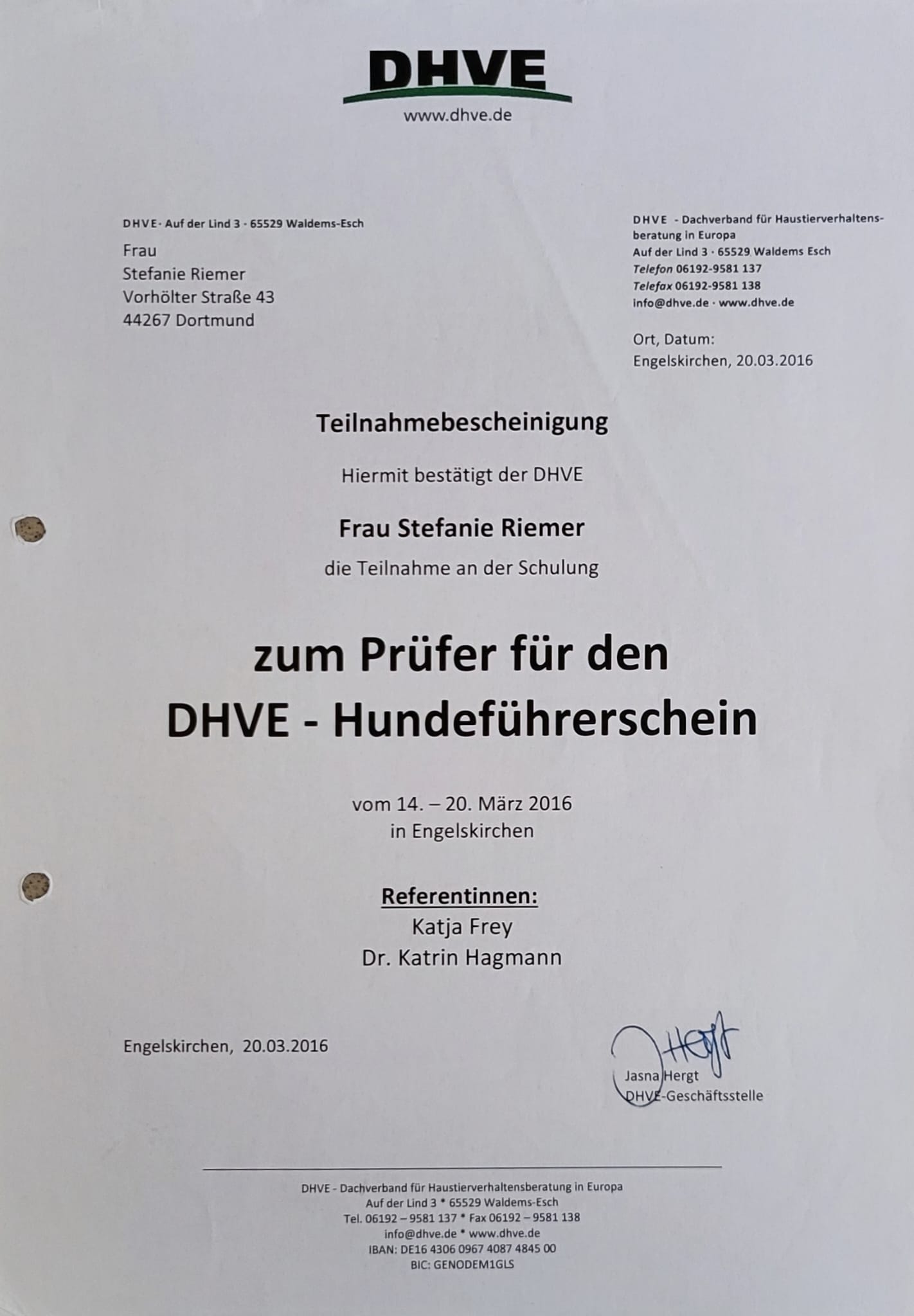 Prüferin für den DHVE-Hundeführerschein (20.03.2016)