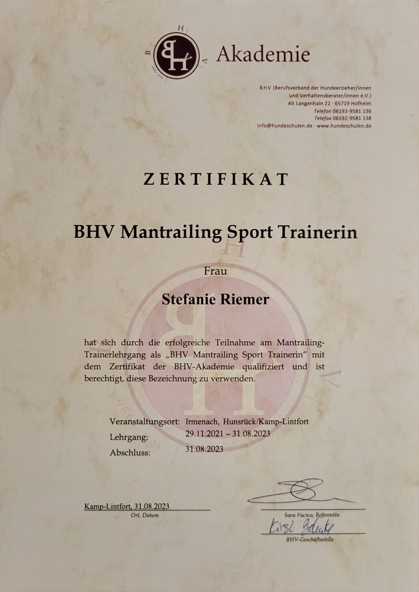 BHV Mantrailing Sport Trainerin (31.03.2023)
